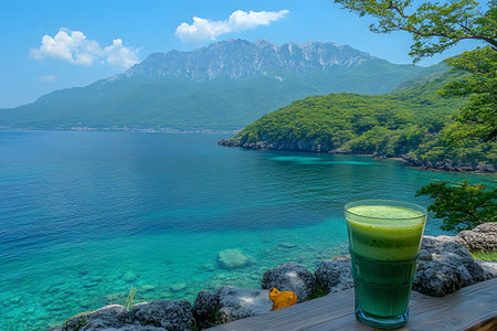 A refreshing green drink sits on a wooden table overlooking a pristine lake and majestic mountain backdrop. the vibrant greens and blues reflect a serene and tranquil escape, perfect for relaxation and rejuvenation. Generative AIの素材
