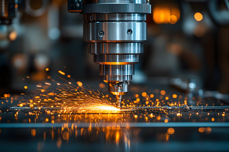 A cnc machine in action, cutting through metal with precision, producing vibrant orange sparks. the blurred bokeh effect in the background highlights the focus on industrial efficiency and advanced technology in manufacturing. Generative AIの素材