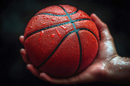 A detailed close-up of a red basketball with water droplets, held securely in a human hand. the vibrant colors and textures emphasize the dynamic nature of the sport, capturing a moment of anticipation and readiness. Generative AIの素材