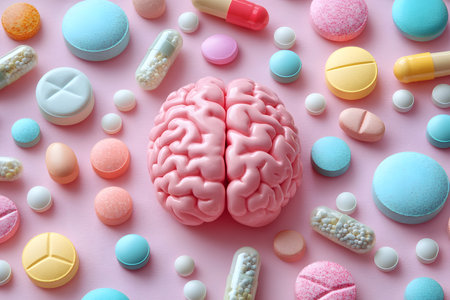 Various colorful pills and capsules surround a human brain model set against a pink background, illustrating concepts of medicine, mental health, and pharmacology. the vibrant arrangement highlights the interaction between medication and cognitive processes. Generative AIの素材