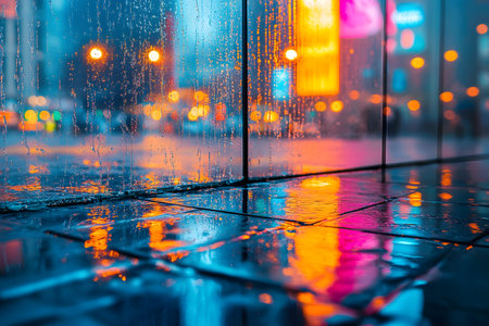 Vivid urban scene featuring rain-soaked streets reflecting vibrant neon lights. captures an atmospheric cityscape at night, emphasizing the interplay of water and light for a dynamic and modern visual appeal. Generative AIの素材