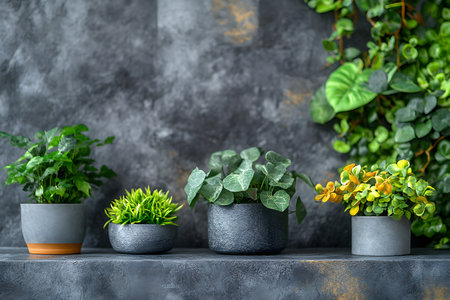 A collection of stylish indoor potted plants arranged on a sleek gray concrete shelf. featuring diverse foliage textures and colors, these plants complement the textured dark wall, offering contemporary home decor and garden inspiration. Generative AIの素材