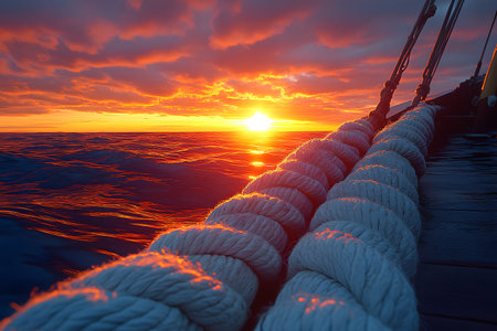A breathtaking view of the ocean at sunset, showcasing vibrant hues of orange and red in the sky. nautical ropes are prominently featured in the foreground, attached to the side of a sailing vessel, enhancing the maritime atmosphere. Generative AIの素材