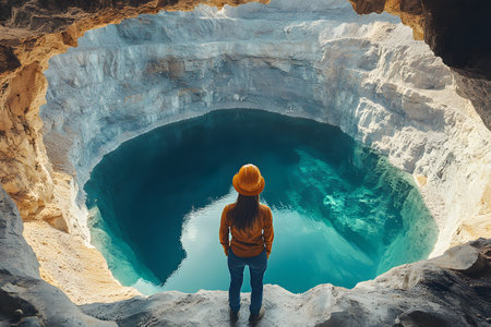 A solitary explorer in a hard hat stands at the edge of a breathtaking, expansive underground cave. the natural contours and rich textures of the rock formations surround the deep blue water below, evoking a sense of adventure and wonder. Generative AIの素材