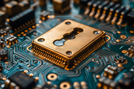 A close-up of a golden lock integrated into a computer circuit board, symbolizing cybersecurity. the imagery highlights themes of data protection, secure technology, and modern digital infrastructure. Generative AIの素材