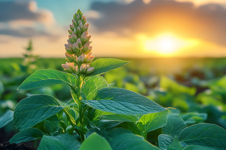 A vibrant young plant stands tall in a sunlit field, surrounded by lush greenery, against the backdrop of a dramatic sunset. ideal for agricultural or nature-themed designs, showcasing growth and tranquility. Generative AIの素材