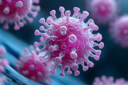 Close-up 3d rendering of virus cells depicted in vibrant pink hues against a blue background. ideal for medical, scientific, and educational materials that focus on microbiology, virology, and healthcare research. Generative AIの素材