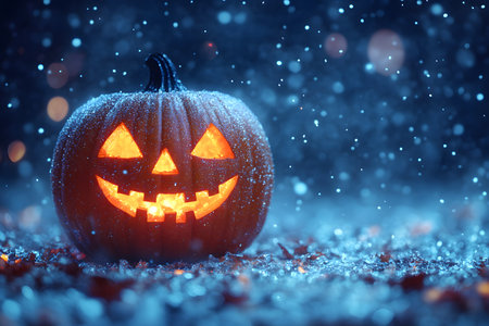 A glowing jack-o'-lantern with a cheerful expression illuminates a dark, wintry night. snowflakes gently fall around, creating a unique blend of halloween and winter atmospheres with soft, blurred lights in the background. Generative AIの素材