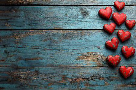 Red heart-shaped decorations arranged artistically on a rustic blue wooden surface, creating a charming contrast. ideal for valentine's day themes, romantic occasions, or rustic decor concepts. Generative AIの素材