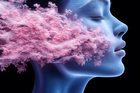 A mesmerizing digital artwork featuring a blue-toned face merging with ethereal pink blossoms, creating a dreamlike, surreal effect. the intricate details highlight a blend of nature and imagination, symbolizing creativity and fantasy. Generative AIの素材