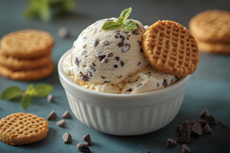 Mint chip ice cream served in a white bowl, garnished with a fresh mint sprig and accompanied by crispy cookies. chocolate chips are scattered around, enhancing the dessert's delectable appeal. Generative AIの素材