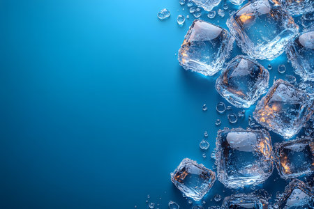 Ice cubes scattered on a vibrant blue surface, creating a refreshing and cooling visual. perfect for themes related to beverages, summer, and cooling effects in food and drink advertisements. Generative AIの素材