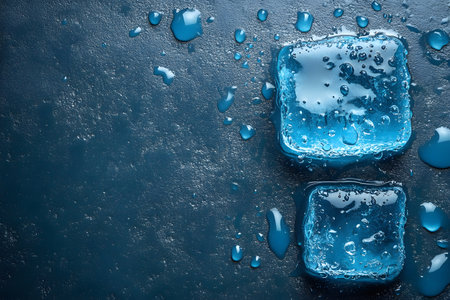 Overhead view of two ice cubes with droplets against a dark textured background. the glistening water and melting ice create a refreshing ambiance, perfect for themes of coolness, beverages, or summertime. Generative AIの素材