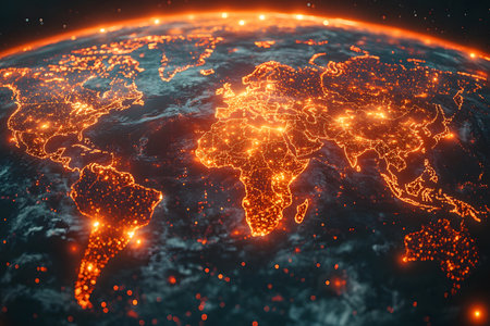 A stunning aerial view of earth showcasing brightly lit continents, representing major cities and human activity. this visualization of global connectivity highlights energy consumption and technological advancement. Generative AIの素材