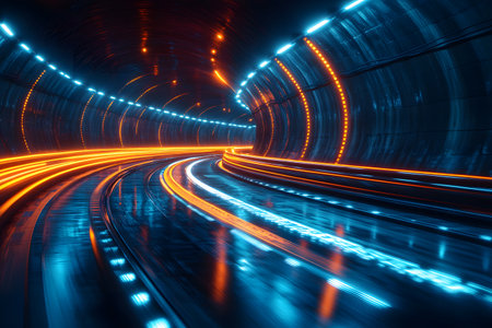 A dynamic tunnel illuminated by vibrant blue and orange neon lights creates a captivating futuristic scene. the motion blur effect enhances the sense of speed and depth, evoking a cyberpunk atmosphere ideal for technology-themed designs. Generative AIの素材
