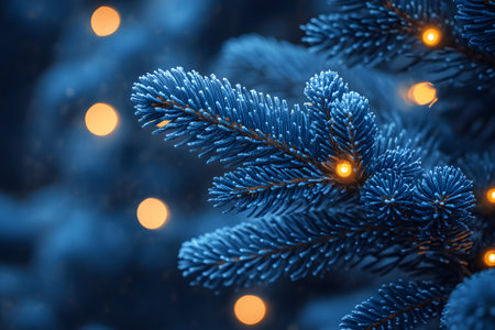 A serene winter scene featuring a close-up of a fir branch adorned with glowing, warm lights. the soft focus on the background creates a dreamy atmosphere, perfect for holiday-themed print designs and decor inspiration. Generative AIの素材