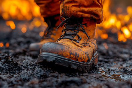 Firefighter's sturdy boots navigate through charred ground surrounded by flames, symbolizing resilience, courage, and the challenging environment of firefighting. dramatic scene emphasizes the bravery required in emergency situations. Generative AIの素材