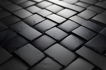 Close-up view of sleek black tiles arranged in a geometric pattern. featuring glossy surfaces with subtle reflections and water droplets, this image highlights modern design, suitable for architectural and texture concepts. Generative AIの素材