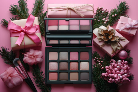 A stylish flat lay featuring a pink-hued makeup palette surrounded by beautifully wrapped pink and beige gift boxes, vibrant evergreen sprigs, pine cones, and makeup brushes, set against a pink background, capturing the essence of holiday glamour. Generative AIの素材