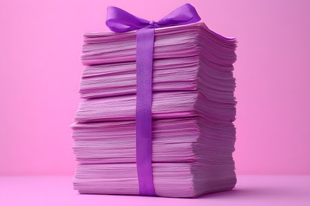 A large stack of pink papers neatly tied with a vibrant purple ribbon against a pink background. perfect for themes of creativity, organization, gift wrapping, and office supplies, offering a pop of color and visual appeal. Generative AIの素材
