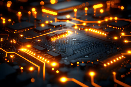 A detailed view of a high-tech circuit board featuring intricate electronic pathways and vibrant orange lights, symbolizing advanced technology and digital innovation. ideal for tech-themed designs and modern electronics concepts. Generative AIの素材