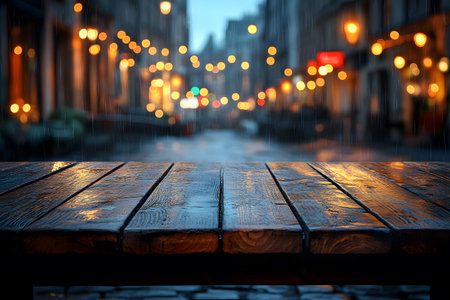 Wooden table illuminated by warm streetlights, with a backdrop of blurred city street lights and gentle rain. urban ambiance merged with soft lighting and reflections creates a tranquil, cozy evening mood. Generative AIの素材