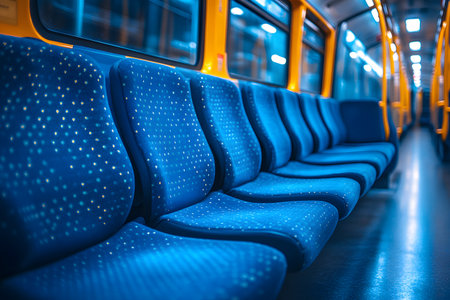 Empty blue seats in a well-lit subway car highlight modern urban transportation design. the image clean, organized environment of public transit, emphasizing comfort and efficiency in city commuting. Generative AIの素材