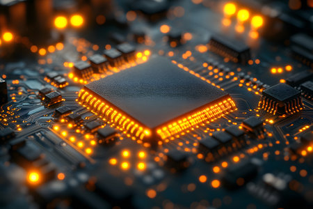 Close-up view of a microchip with glowing orange circuits, symbolizing advanced technology. its intricate design and illuminated pathways highlight themes of digital innovation and electronic engineering. Generative AIの素材