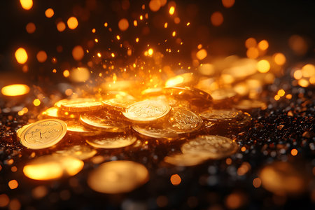 Piles of gold coins surrounded by glowing sparks, creating a warm, magical atmosphere. ideal for concepts related to wealth, investment, treasure, or fantasy themes, perfect for design and creative projects. Generative AIの素材