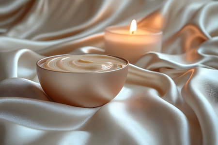 A serene spa setting featuring a bowl of creamy lotion and a lit candle placed on elegant, glossy silk fabric. the composition exudes luxury, promoting relaxation and self-care, suitable for skincare advertisements or wellness promotions. Generative AIの素材