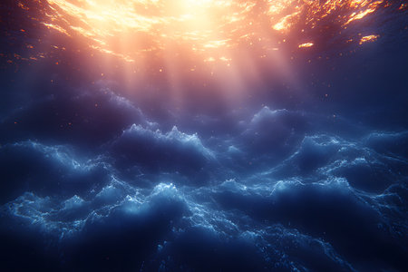 Sunlight penetrates the ocean surface, illuminating the waves below in a serene underwater scene. the play of light and color creates a tranquil, mesmerizing atmosphere, perfect for nature-themed art and design projects. Generative AIの素材