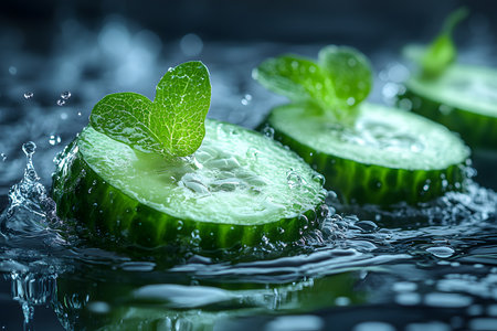 Close-up of vibrant cucumber slices with mint leaves, immersed in dynamic water splashes. the image emphasizes freshness and natural wellness, ideal for spa, skincare, and healthy lifestyle themes. Generative AIの素材