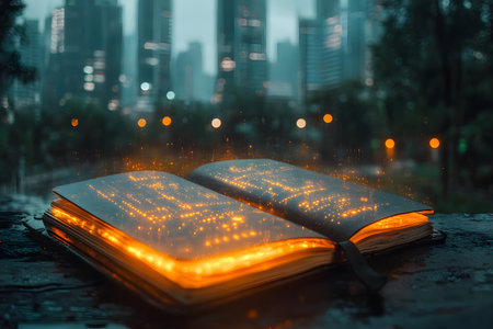 An open book with glowing pages emits a magical ambiance, set against a blurred cityscape. the juxtaposition of ancient wisdom and modern architecture creates an intriguing contrast, ideal for themes of knowledge and imagination. Generative AIの素材