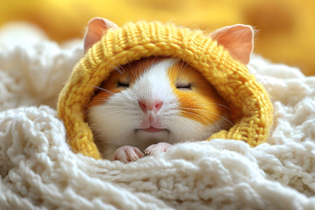 A guinea pig is nestled comfortably under a yellow knit blanket, conveying themes of warmth and coziness. the scene exudes relaxation, making it perfect for pet care, tranquility, and domestic life visuals. Generative AIの素材