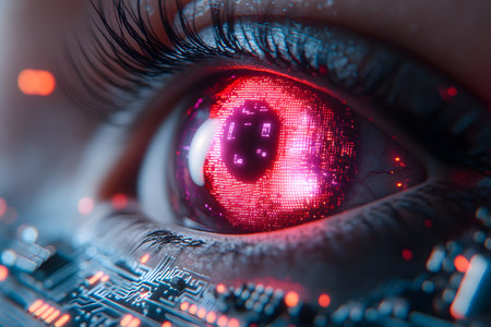 Close-up of a human eye with a digital, cybernetic design, integrating elements of technology and circuit patterns. highlights themes of innovation, artificial intelligence, and the future of human-machine interfaces. Generative AIの素材