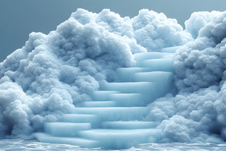 A surreal depiction of a stairway crafted from soft, translucent clouds, set against a serene blue sky. the image evokes themes of dreams, imagination, and aspiration, making it ideal for inspirational and creative design projects. Generative AIの素材