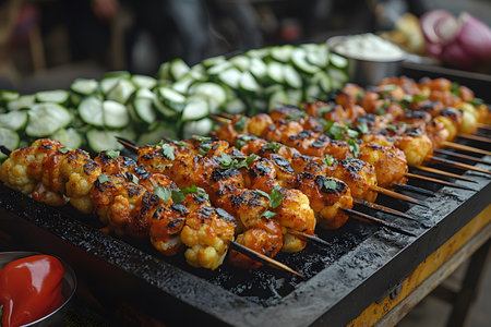 Skewered shrimp, beautifully grilled and garnished with herbs, rest on a barbecue grill accompanied by fresh cucumber slices. the offering suggests a casual outdoor dining setting with a focus on appetizing grilled seafood. Generative AIの素材