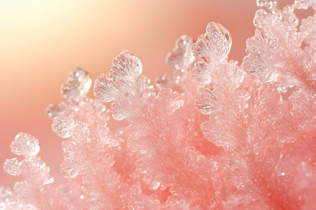Abstract pink crystal formations display intricate patterns and textures, enhanced by soft ambient lighting. the image evokes tranquility and elegance, making it ideal for backgrounds, art projects, or design elements. Generative AIの素材