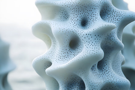 Close-up of an abstract organic sculpture featuring intricate, porous patterns and a smooth surface. the design, with its flowing curves and subtle textures, evokes themes of nature-inspired modern art and innovative architecture. Generative AIの素材