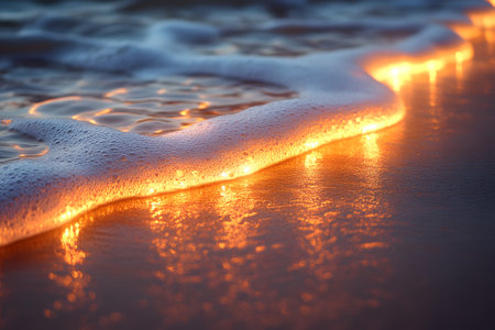 Ocean waves gently lap the shore, illuminated by the warm glow of a sunset. the scene serene and tranquil beauty of the beach, perfect for designs focused on relaxation, calmness, and nature's splendor. Generative AIの素材