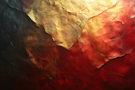 Abstract artistic textured background featuring gold and red metallic hues. the layered, cracked surface creates a vivid and dynamic visual, ideal for modern design elements in print, web, or interior decor. Generative AIの素材