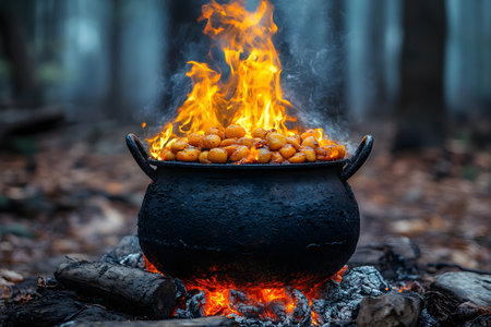 A cast iron cauldron filled with roasted peppers is positioned over a lively fire, surrounded by burning wood and ash, set within a misty forest environment. the vivid flames contrast against the dark cauldron, the rustic outdoor cooking experience. Generative AIの素材