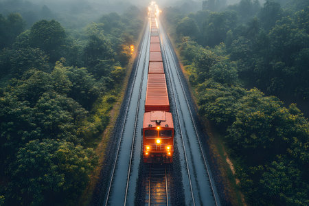 A cargo train navigates through a lush, dense forest as dusk settles in, enveloped by a misty atmosphere. the warm glow of train lights highlights its path, creating a captivating blend of technology and nature. Generative AIの素材