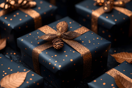 A luxurious black gift box adorned with shimmering gold polka-dots and a matching ribbon, topped with a pinecone. ideal for christmas celebrations and festive season decor, sophistication and elegance. Generative AIの素材