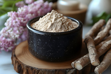Herbal powder elegantly presented in a black ceramic bowl, set on a wooden slab, with fresh lilac flowers and root extracts in the background. ideal for holistic health themes or natural remedy concepts. Generative AIの素材