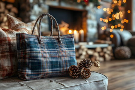 Plaid bag on a leather sofa in a festive, cozy setting with a stone fireplace decorated for christmas. soft focus captures warm holiday glow, bokeh from lights, and rustic wooden accents, adding charm and seasonal warmth. Generative AIの素材