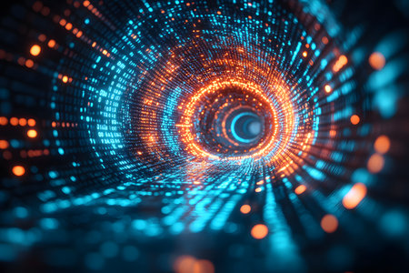 Futuristic digital tunnel featuring vivid blue and orange lights symbolizing data flow. the dynamic spiral pattern represents speed, innovation, and connectivity, ideal for technology-focused designs or presentations. Generative AIの素材