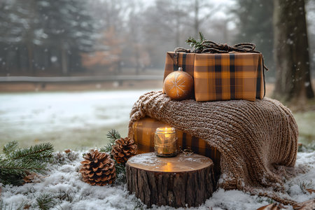 A serene winter landscape featuring wrapped gifts in plaid and cozy knit fabrics atop a snow-dusted stump. pinecones, evergreen branches, and a lit candle enhance the festive, tranquil atmosphere, evoking warmth and holiday spirit. Generative AIの素材