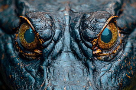 A detailed close-up of an alligator's eyes intricate textures and vibrant colors of the reptile. the intense gaze highlights the power and majesty of this creature, perfect for nature and wildlife-themed projects. Generative AIの素材