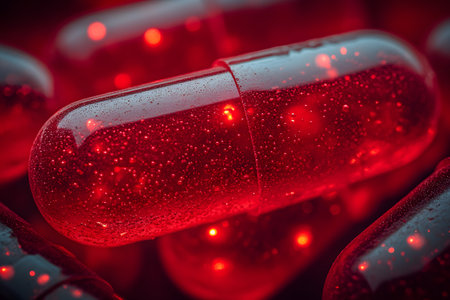 A detailed macro shot highlights red capsules covered with dewy droplets, set against a blurred background of similar capsules. ideal for illustrating pharmaceutical, healthcare, or medical themes in design or advertising. Generative AIの素材